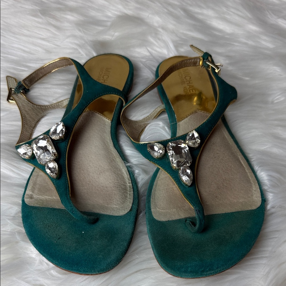MICHAEL Michael Kors Teal Suede Jeweled T-Strap Sandals